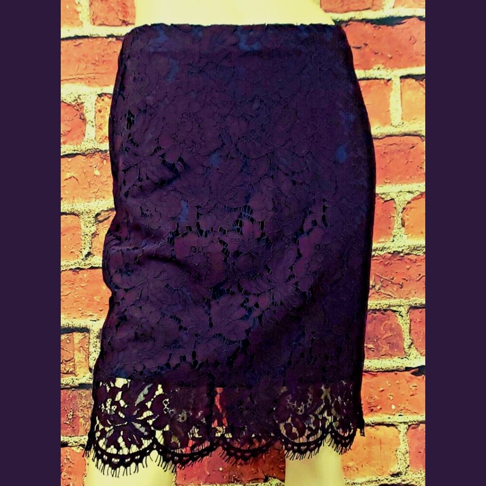 Banana Republic Lace Overlay Pencil Skirt Knee Length Purple over Navy Blue 2